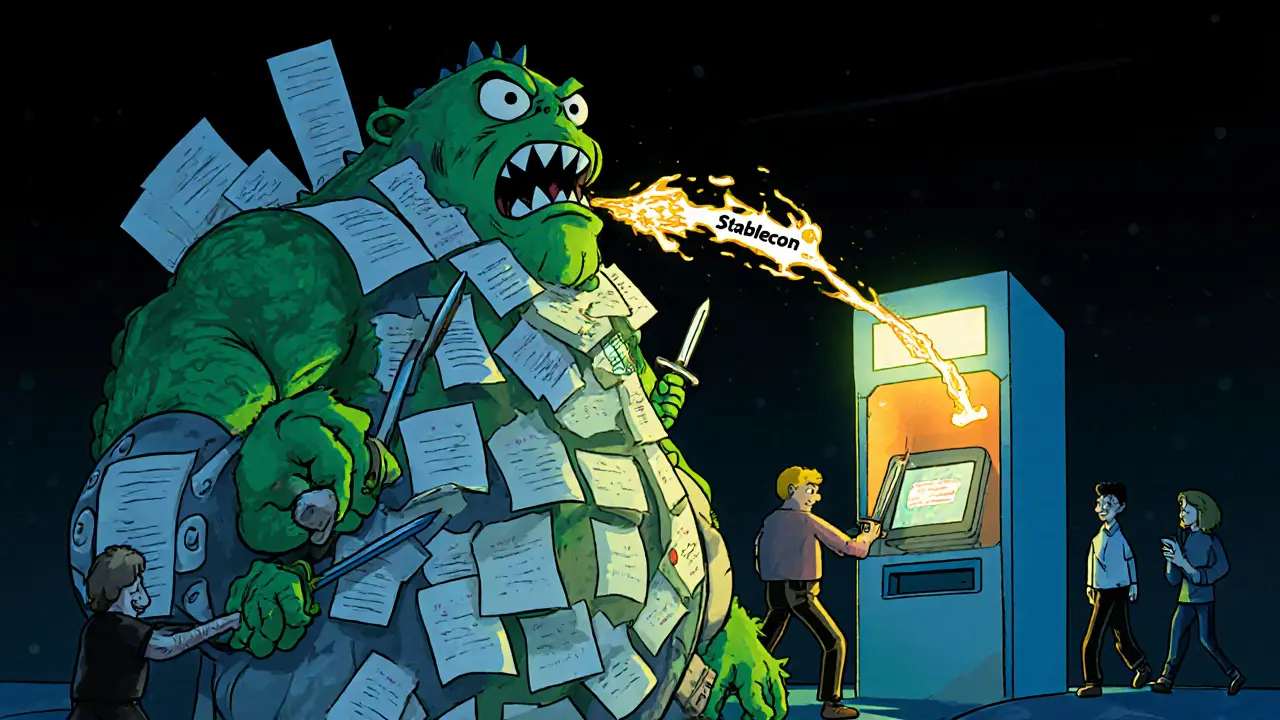 A bureaucratic bank monster is being dismantled by users with smartphones, while a simple digital kiosk glows in the background.