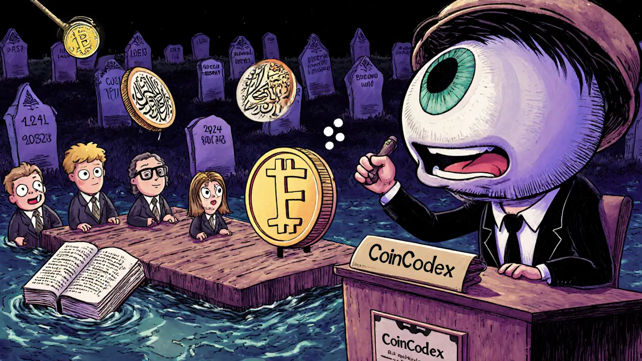 A FLOOS coin stands trial before a jury of cultural symbols in a surreal courtroom with a down-arrow gavel.