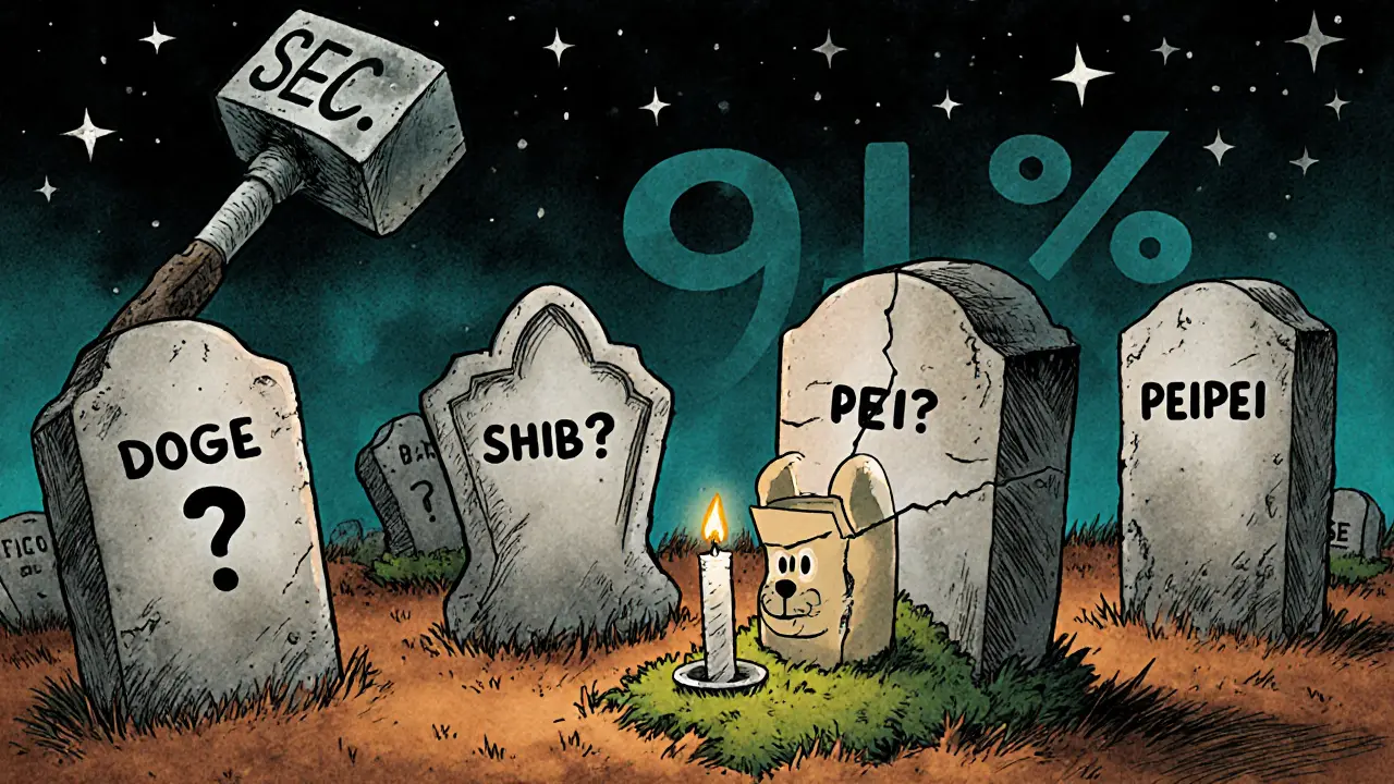 A graveyard of dead meme coins with a cracked PEIPEI tombstone and a flickering candle, under a looming SEC hammer casting a long shadow.