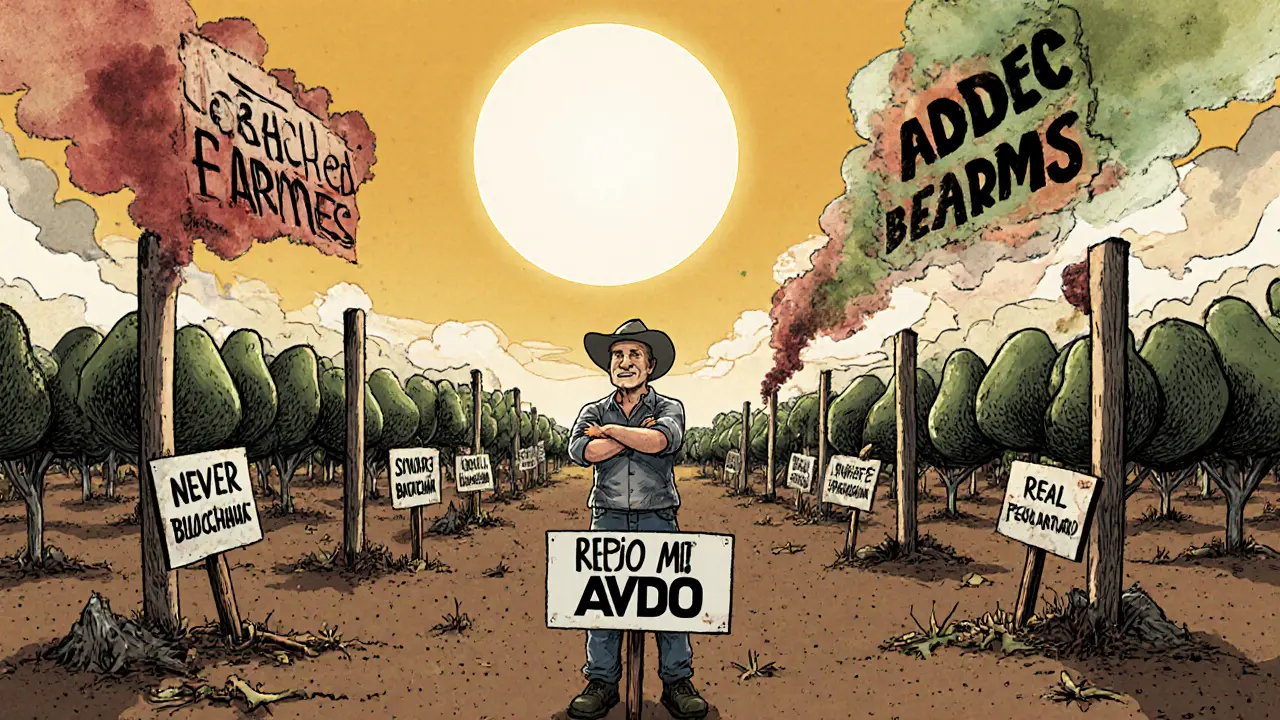 A real Mexican farmer shakes his head at rotting signs claiming AVDO backing, while false claims dissolve into smoke above him.
