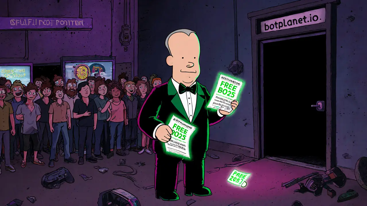 A scammer in a phishing-link tuxedo hands out fake &#039;FREE BOT 2025&#039; flyers while an abandoned gaming hub fades behind.