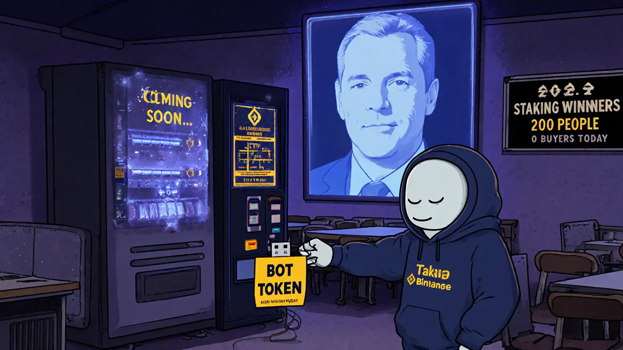 A sleepy robot tries to connect a USB labeled &#039;BOT Token&#039; to a broken vending machine labeled &#039;Staking Rewards&#039;.