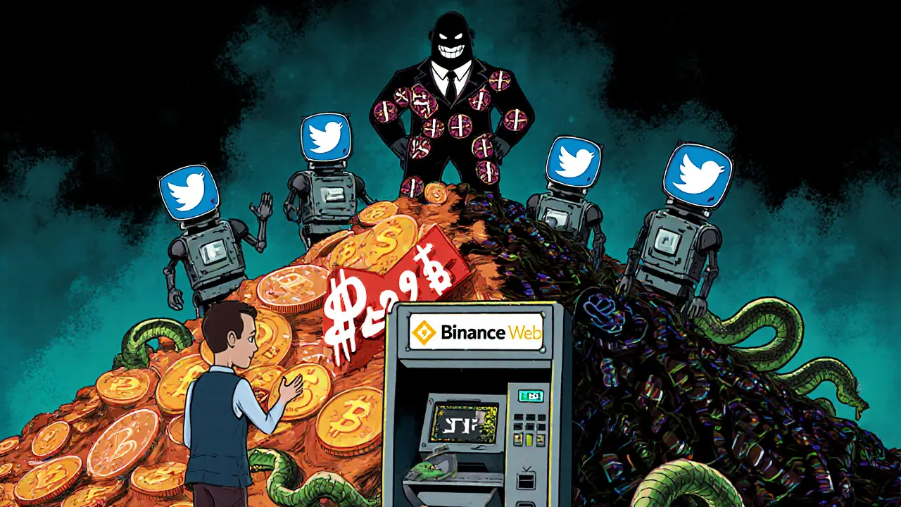 A suit-wearing scammer stands on fake market cap numbers as bots pump the token, while an investor struggles with a broken ATM.
