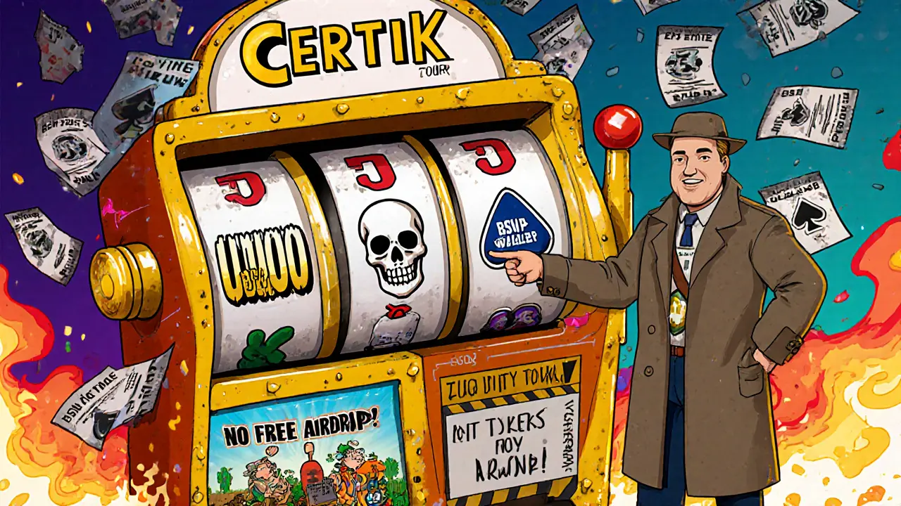 A surreal NFT lottery machine with jackpot, skull, and farmer reels, next to a warning sign about real crypto earnings.