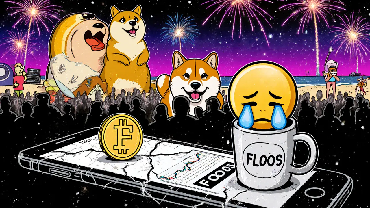 A tiny FLOOS token sits alone as Dogecoin and Shiba Inu party nearby with crowds and fireworks.