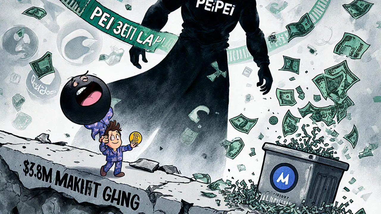 A tired person holding a giant PEIPEI token on a crumbling ledge while a shadowy figure shreds money above them, surrounded by fading social media icons.