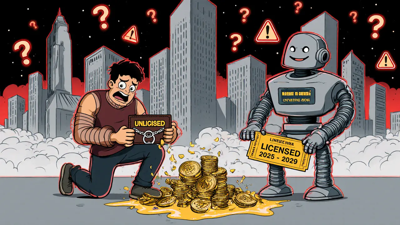 A trader watching their unlicensed wallet turn into handcuffs while a licensed exchange offers a tax-free ticket.