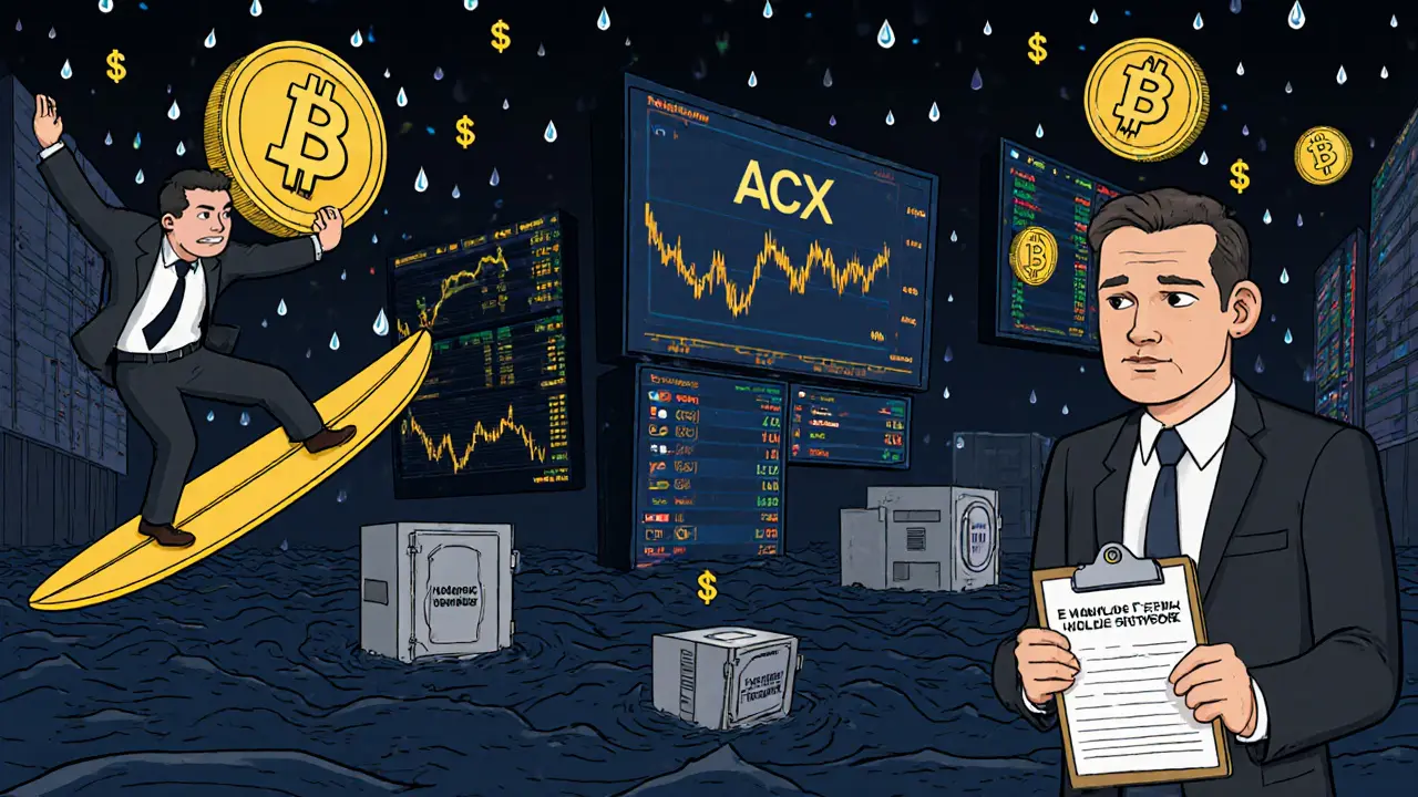 Corporate traders riding carbon credit tokens on a blockchain trading floor with glowing vaults.