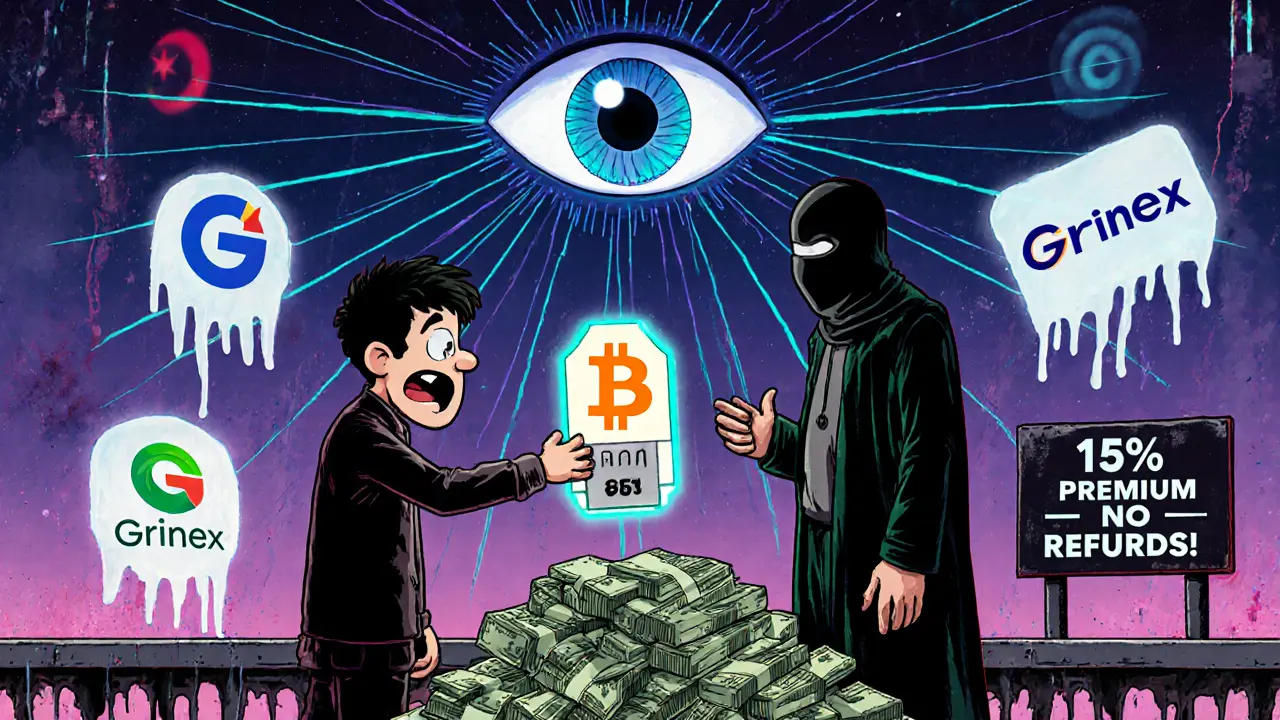 Iranian user trading cash for crypto on a rooftop as an AI eye scans blockchain trails overhead.