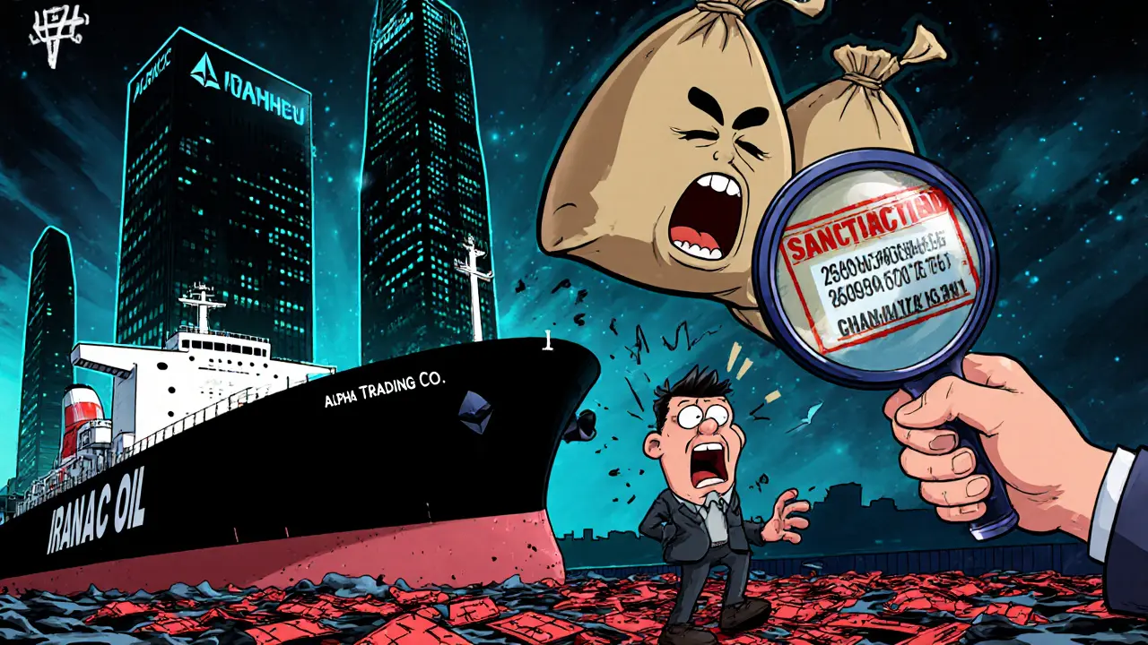 Oil tanker dumping Bitcoin into a Hong Kong company while a wallet gets stamped &#039;SANCTIONED&#039;.