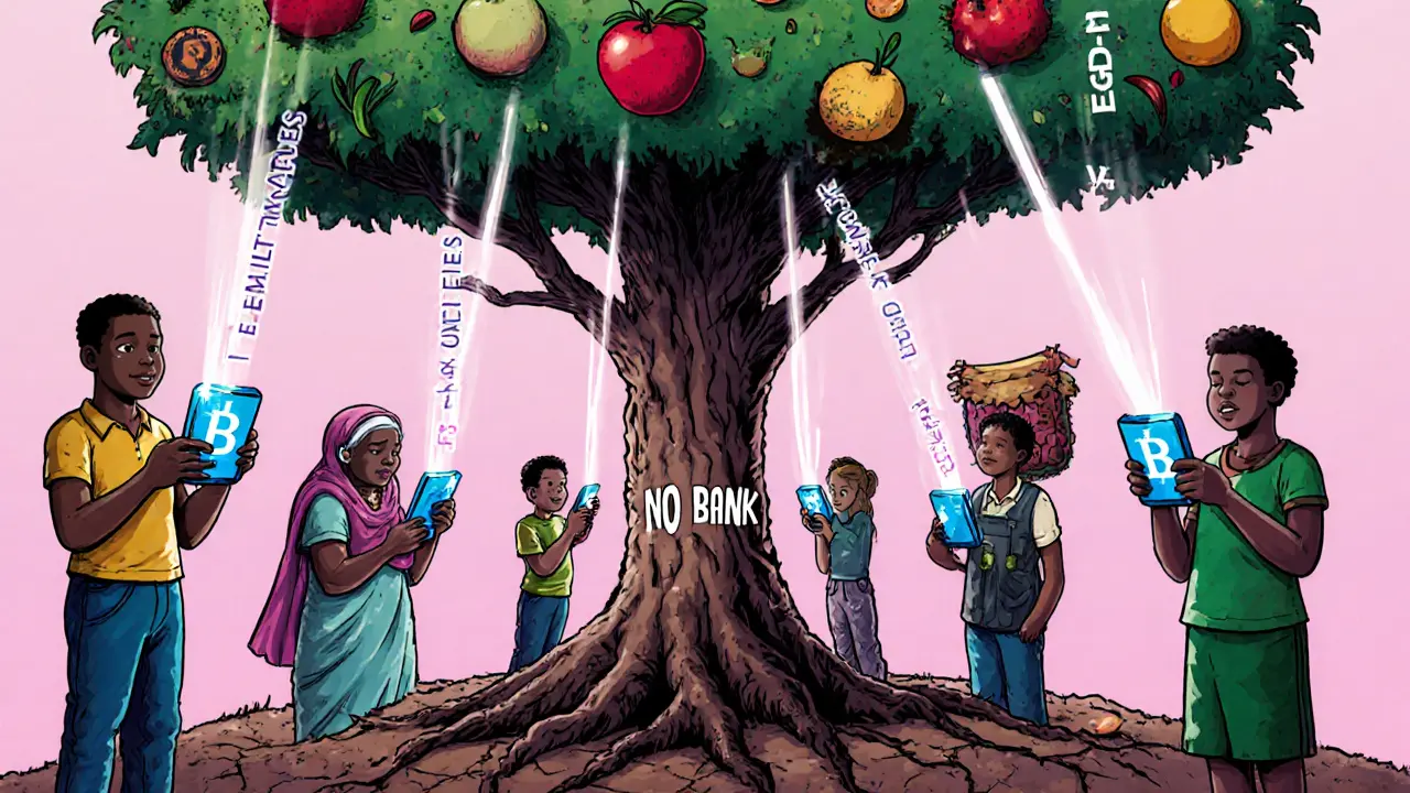 People across Africa and Latin America connected by a glowing blockchain tree, replacing traditional banking infrastructure.