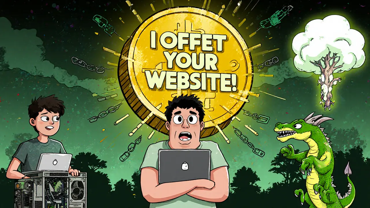 Shopify owner facing a giant carbon token as a miner turns into a tree with floating blockchain chains.