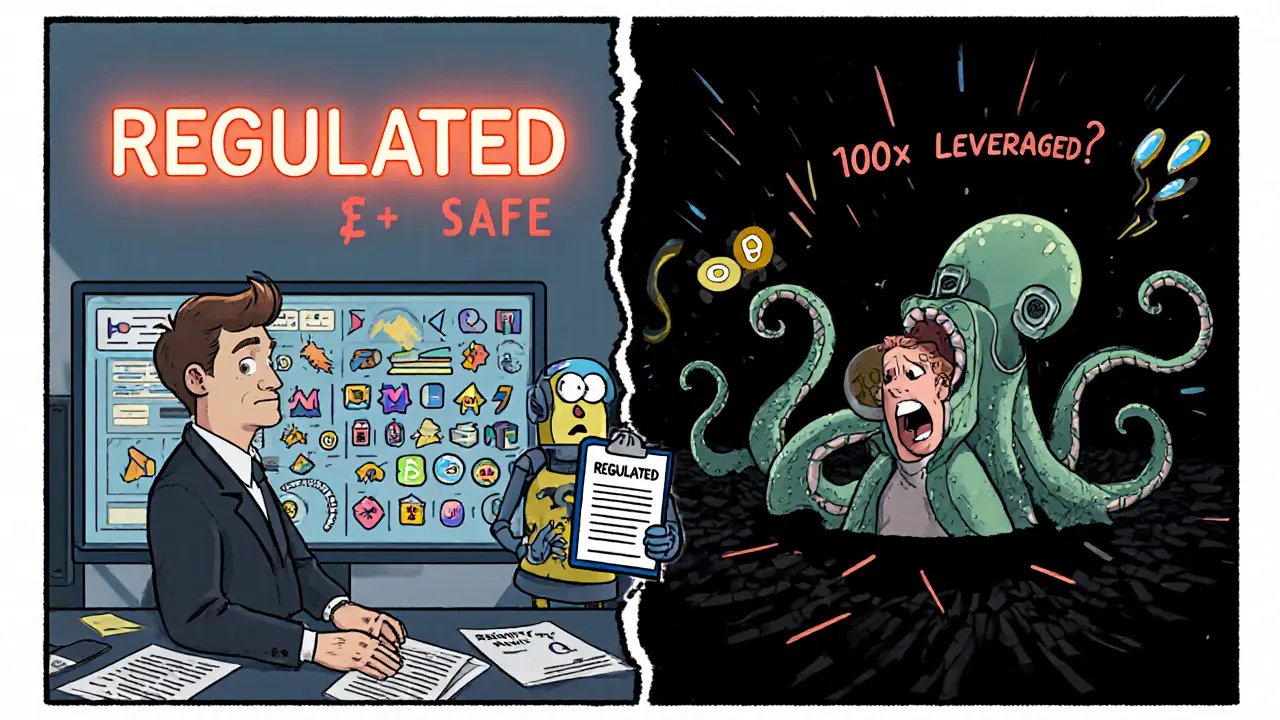 Split-screen: calm institutional trader vs. panicked retail user, with a giant &#039;REGULATED ≠ SAFE&#039; sign and a squid eating blockchain cables.