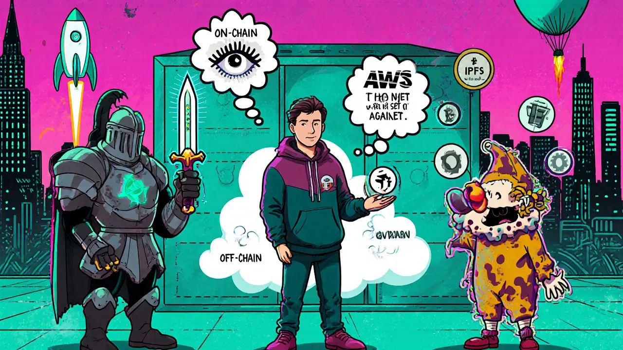 Three storage methods as characters: armored knight, hacker, and clown juggling failing balloons in a futuristic crypto city.