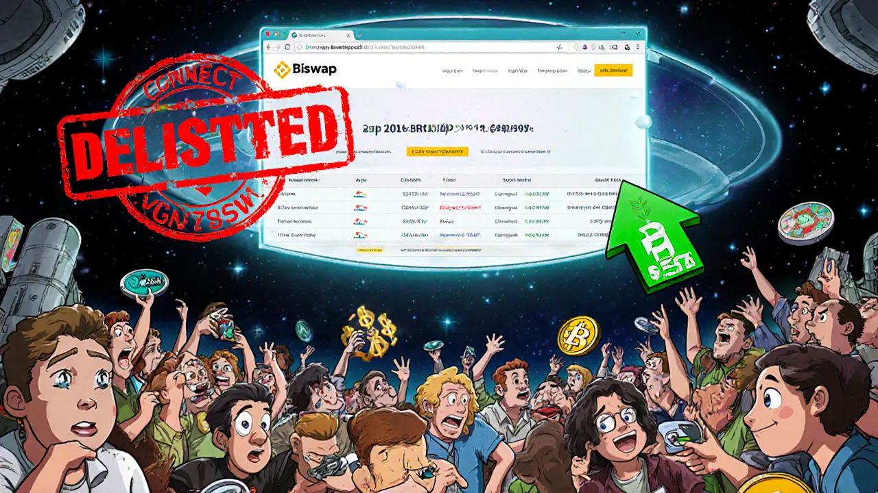 Users on a spaceship DEX clicking fake links while a real Biswap platform glows calmly above a delisted Binance logo.