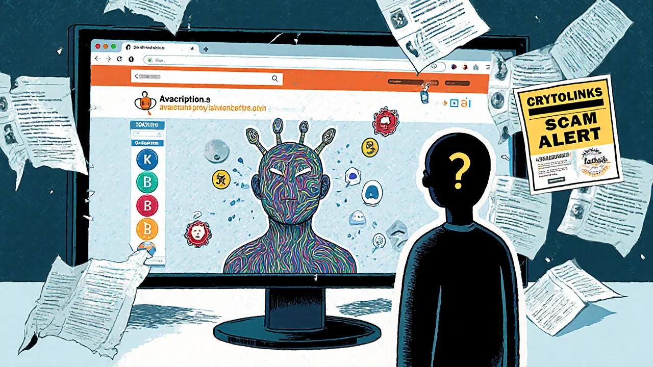 A confused user facing a glitching screen showing fake badges and a faceless monster, with empty social media posts in the background.