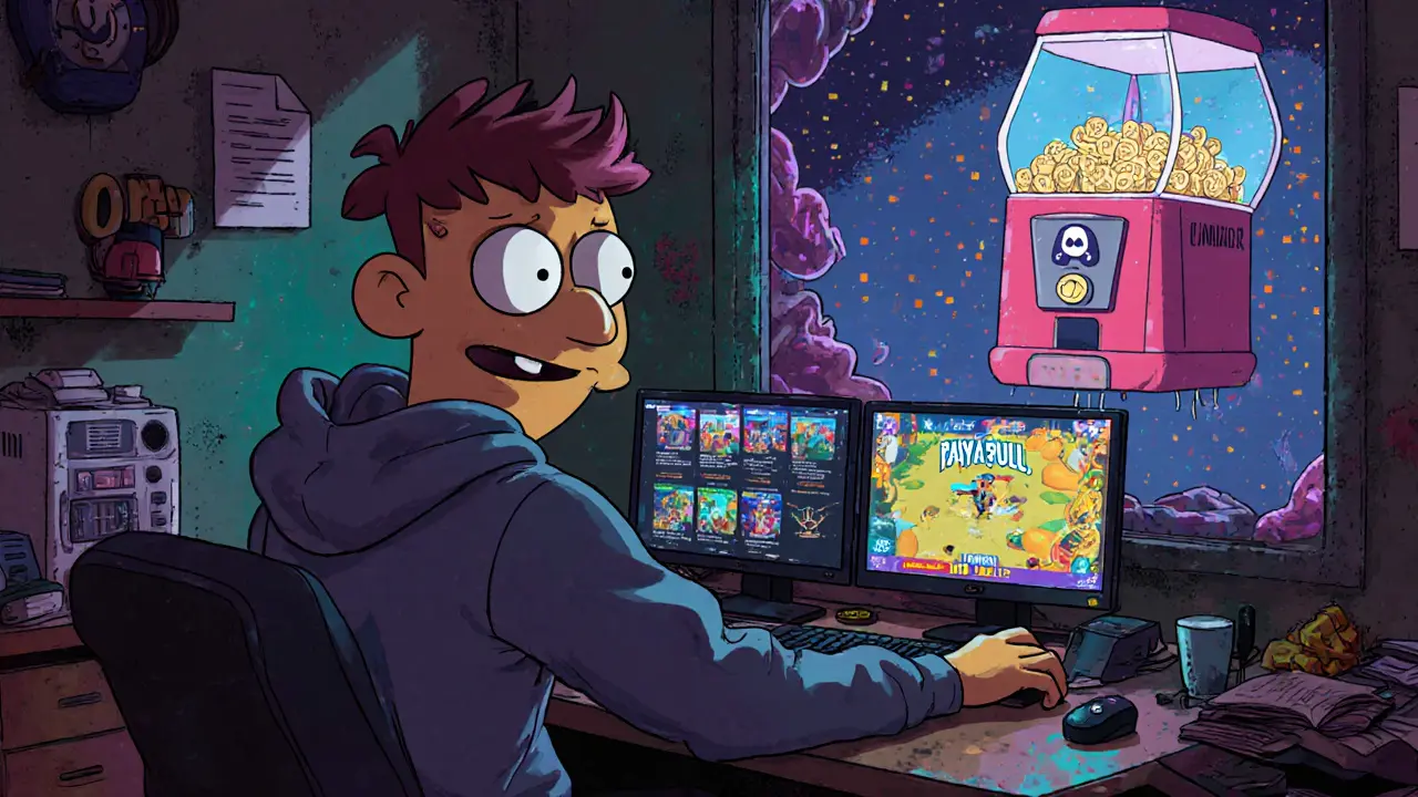 A gamer at a messy desk watching tokens appear on screens while a giant Master Node hums outside.