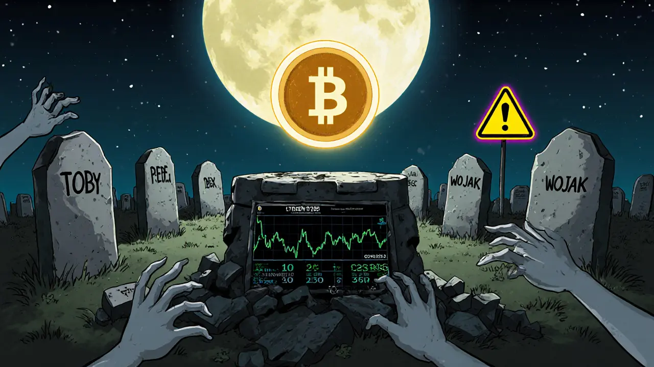 A graveyard of dead meme coins under a moon, with a single TOBY token floating above a crumbling exchange platform as ghostly hands reach for it.