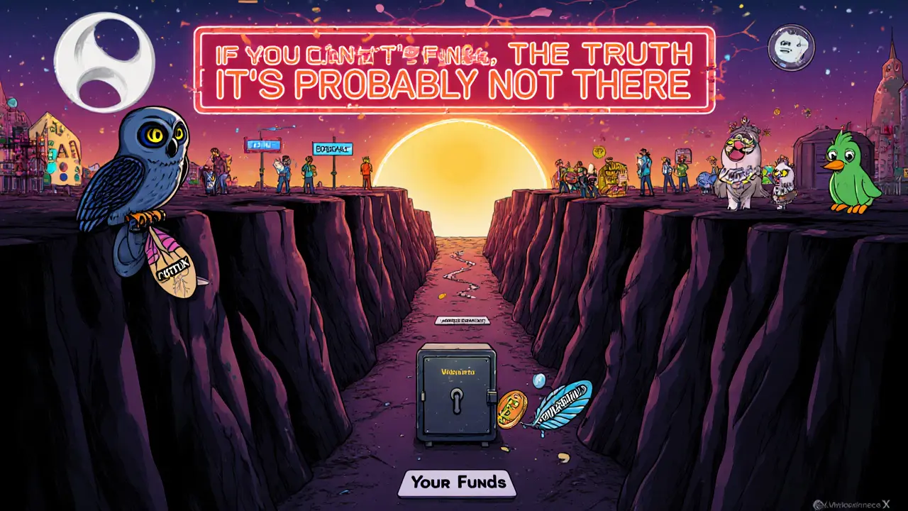 An empty digital canyon leading to a locked vault guarded by a broken owl, while legitimate exchanges glow warmly in the distance.