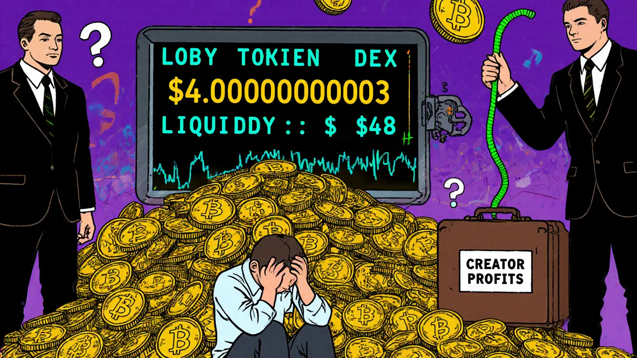 An exhausted trader sits on a mountain of TOBY tokens while shadowy figures drain liquidity into a briefcase labeled &#039;CREATOR PROFITS&#039;.