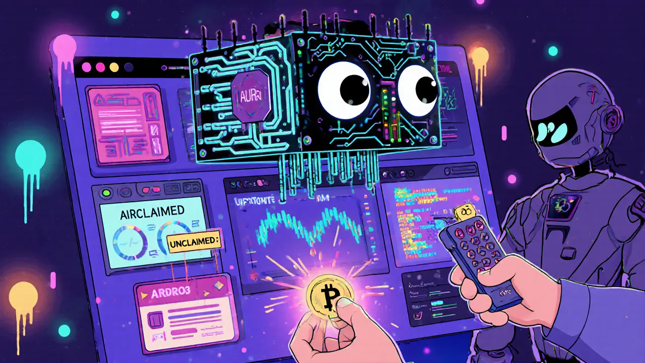 AURA, a glowing AI assistant with circuitry eyes, guiding a wallet through achaotic Web3 dashboard.