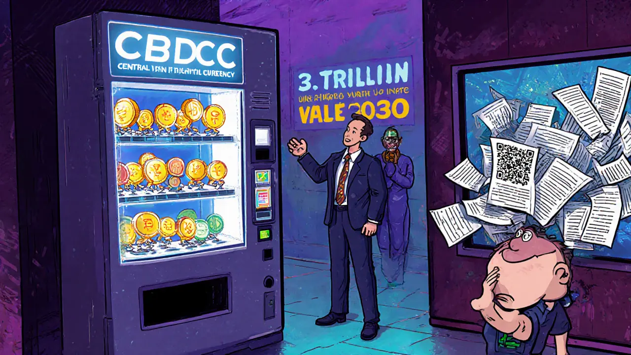 CBDC coins turning into citizens marching into wallets while a bank CEO high-fives an AI brain.