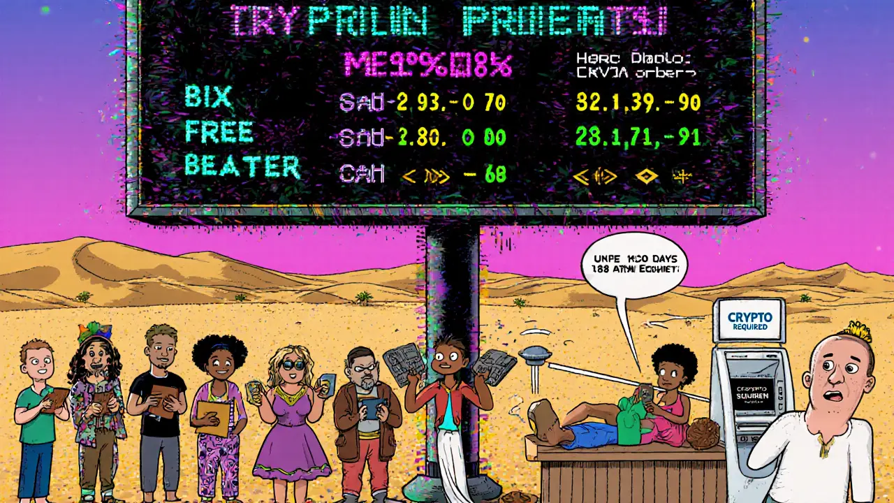 A digital scoreboard displays global crypto tax rates as diverse people interact with crypto ATMs in tax-free zones or get scanned by drones.