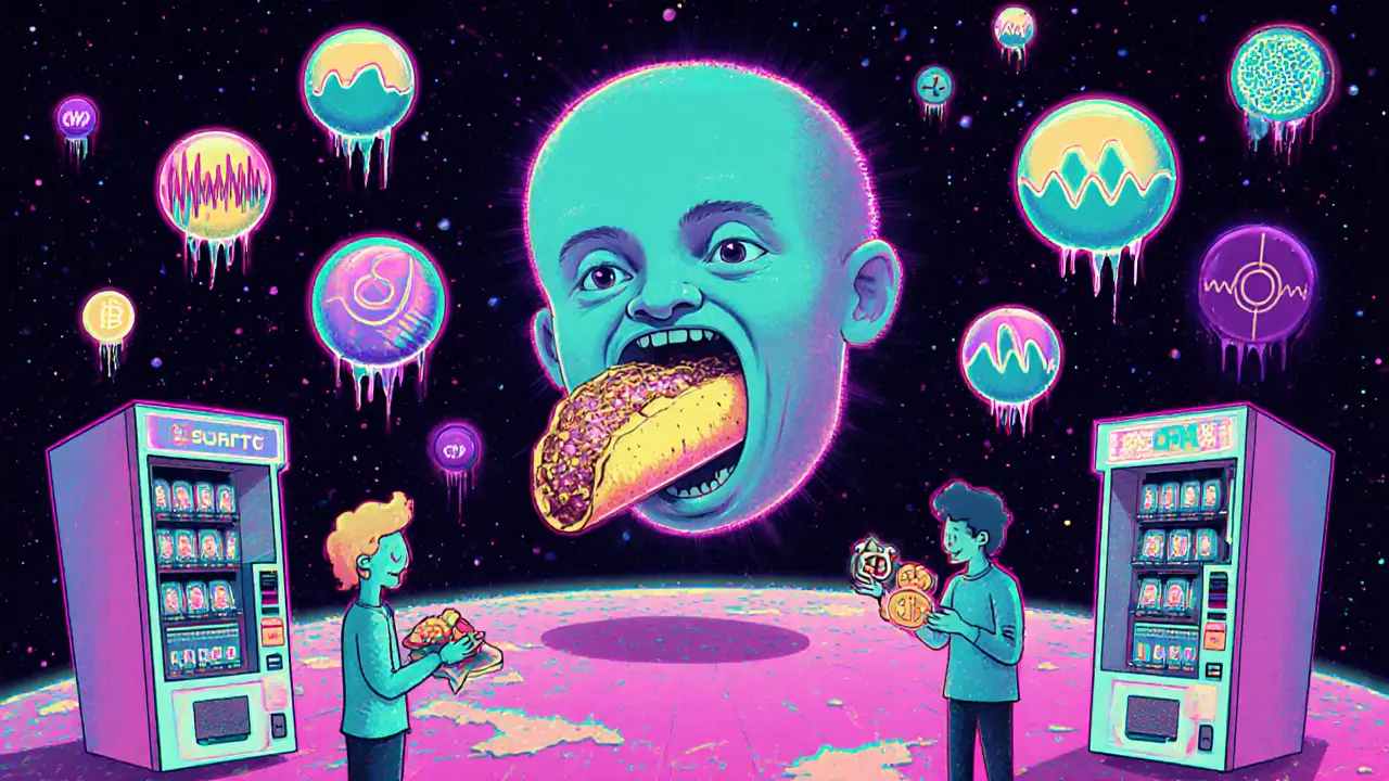 A floating AI marketplace trades data orbs for MCH tokens, with a giant researcher eating a data burrito amid smart devices.