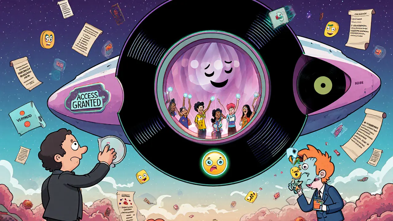 A giant NFT door opens to a spaceship concert where fans vote on setlists with emoji buttons.