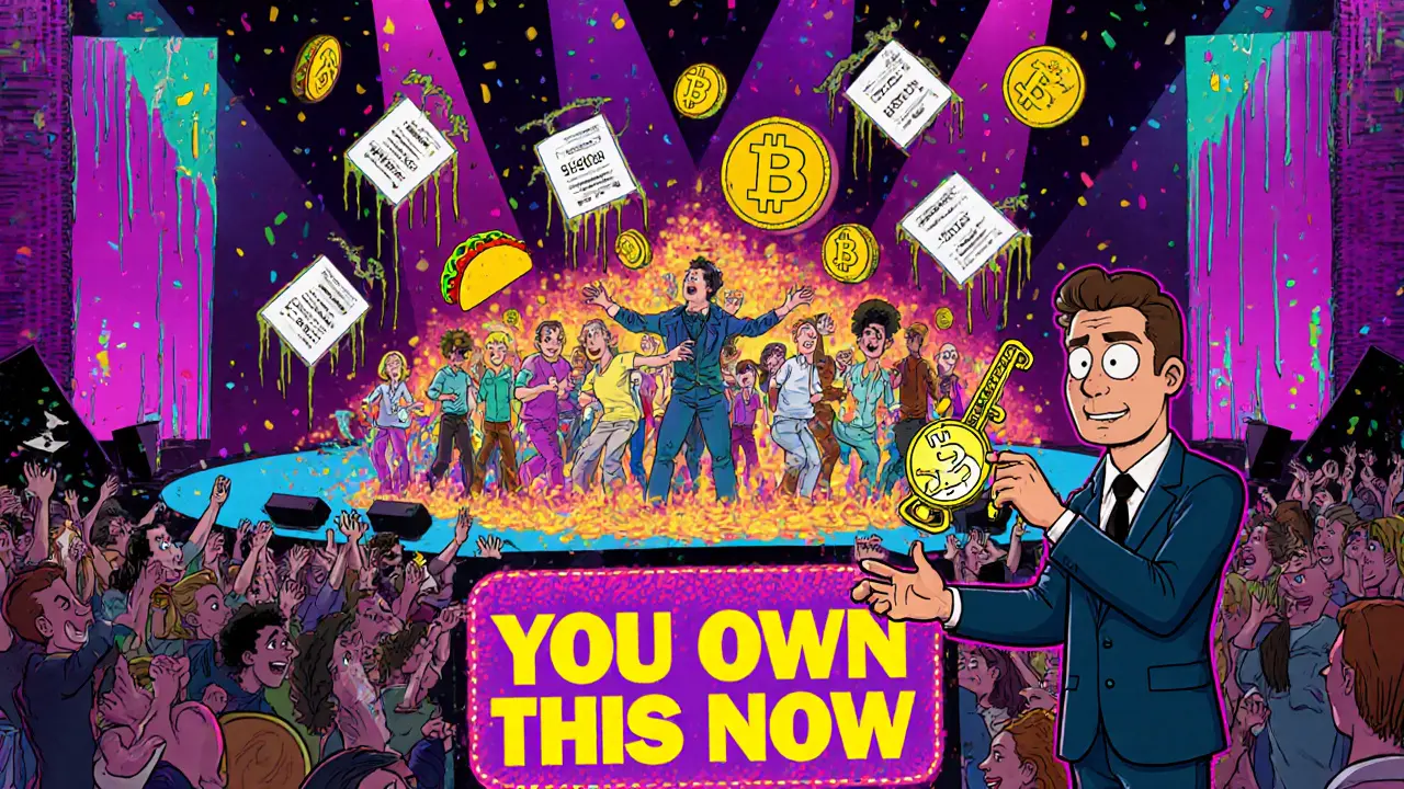 A psychedelic concert where a musician&#039;s NFT song becomes dancing AI avatars, fans vote with taco-shaped ballots, crypto coins rain down.