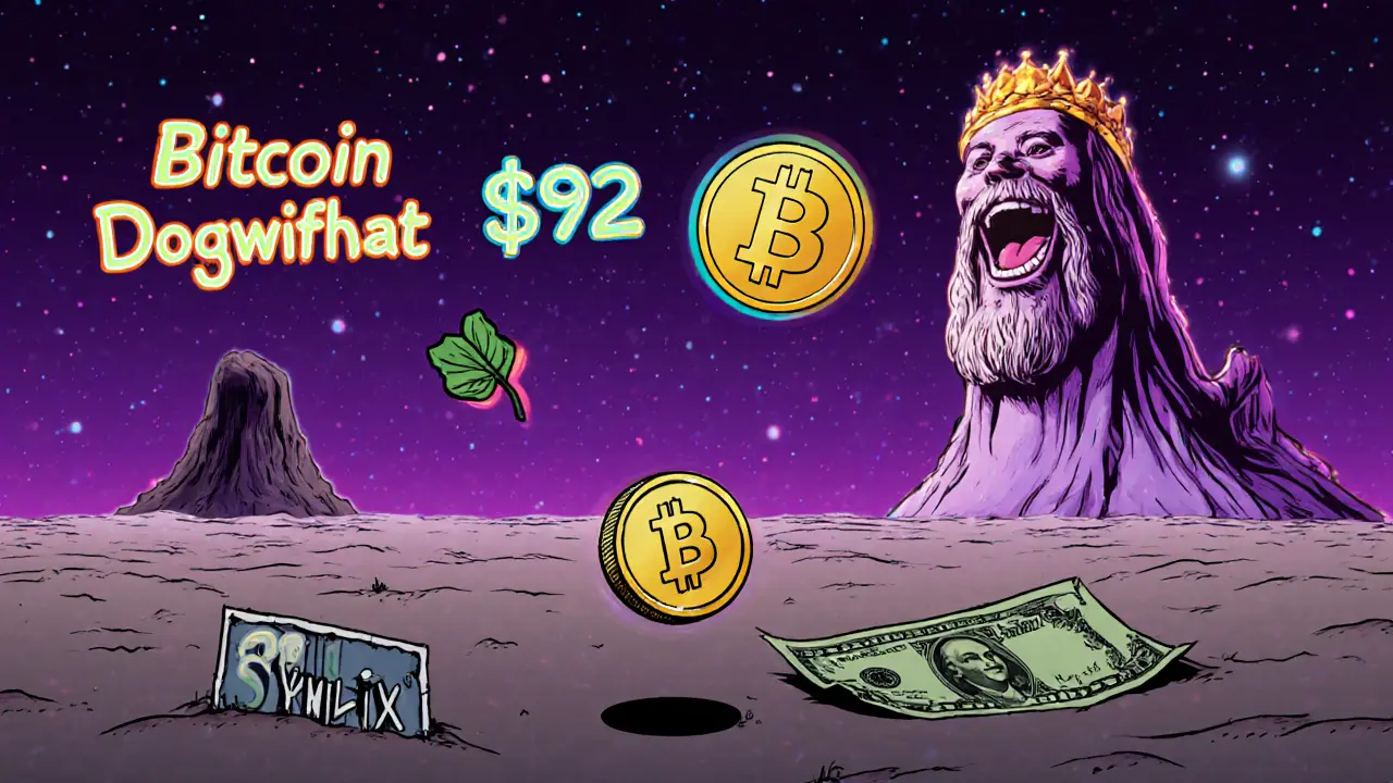 A tiny TajCoin token floats alone in a digital void with a <h2>No community. No development. No future?</h2>.92 bill, while giant crypto coins loom above.