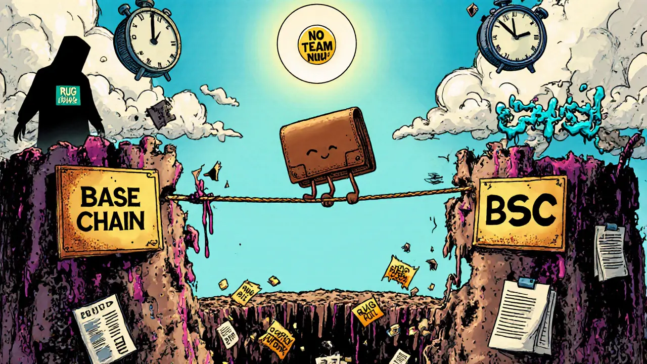 A wallet walks a tightrope between blockchain towers while shadowy figures loom, in bold Adult Swim cartoon style with melting clocks.