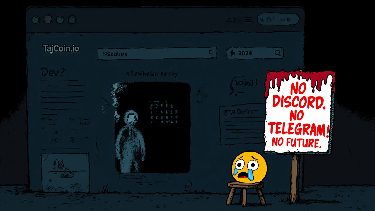An abandoned TajCoin website with &#039;No GitHub Activity&#039; and a fading ghost developer, surrounded by empty social media signs.