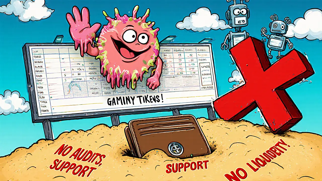 Candy-like Taffy mascot waves over empty trading pairs as a user’s wallet sinks into quicksand labeled &#039;No Audits&#039;.