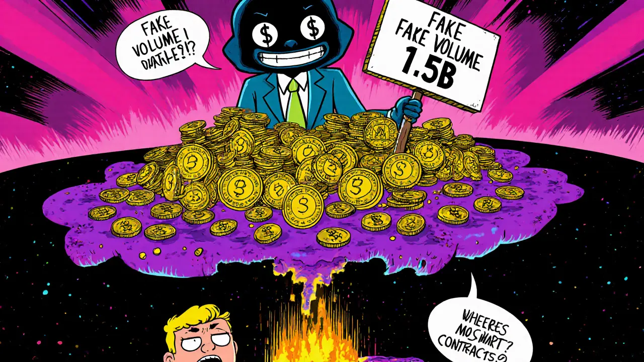 Cartoon CEO atop disappearing coins with ghostly users falling into a black hole
