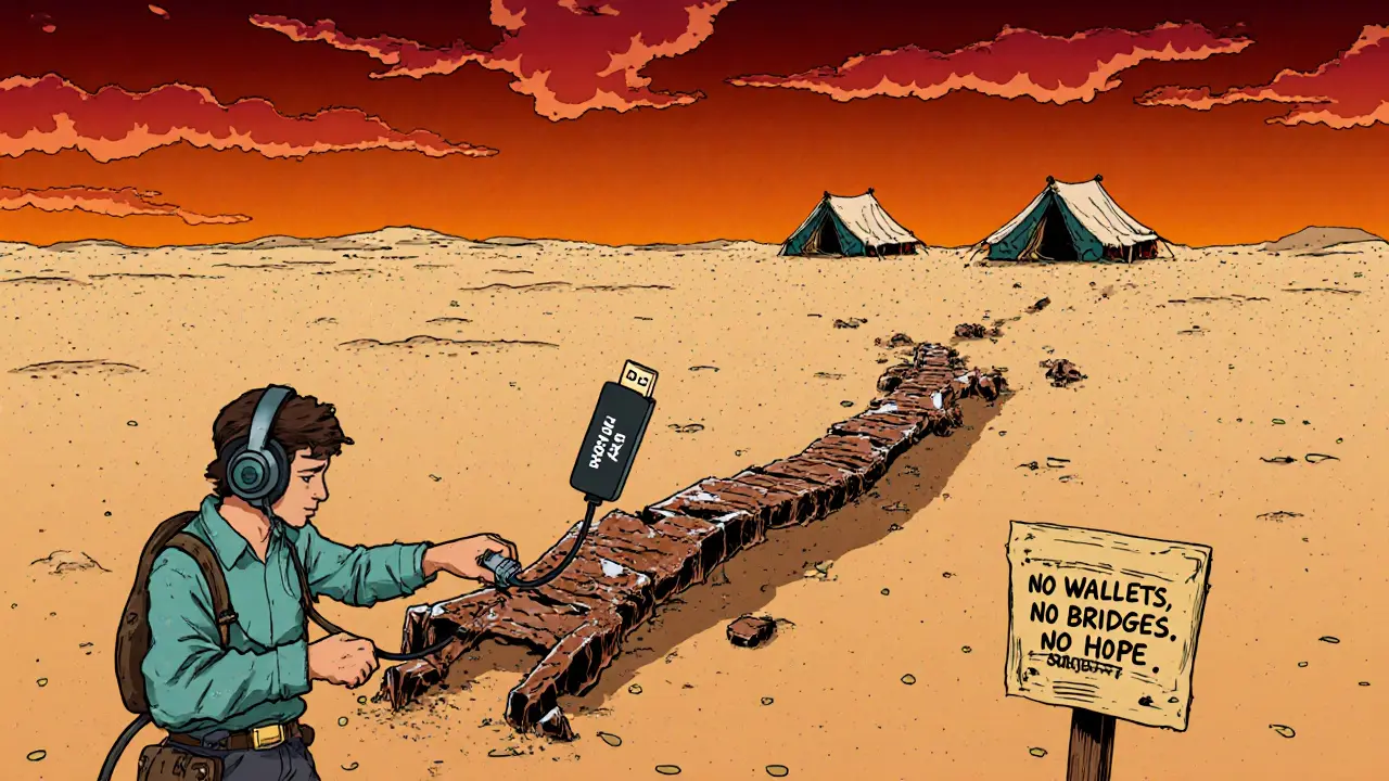 Desert landscape of Saakuru blockchain with only three crumbling tents and a user trying to connect a broken bridge.
