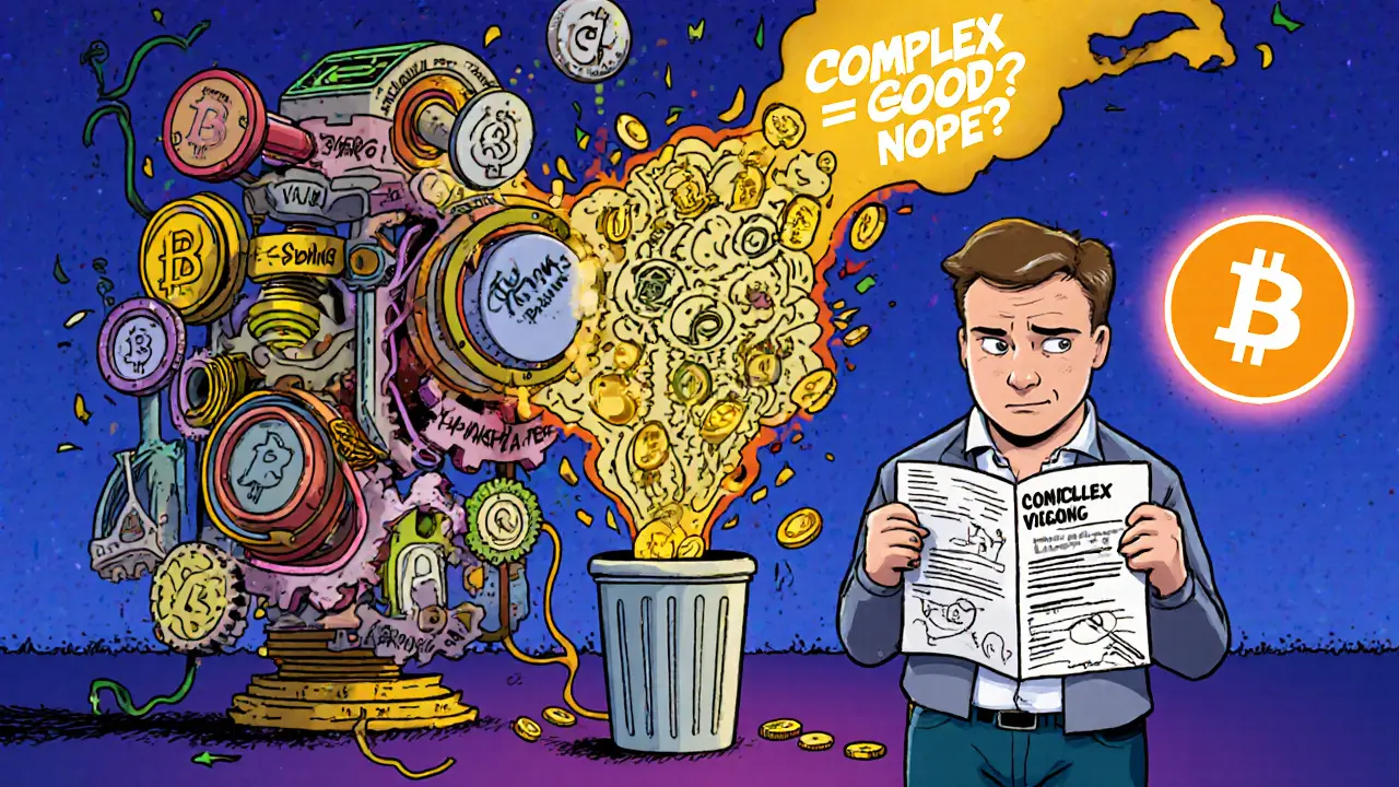 Overcomplicated crypto machine spitting value into trash, confused investor with messy whitepaper.