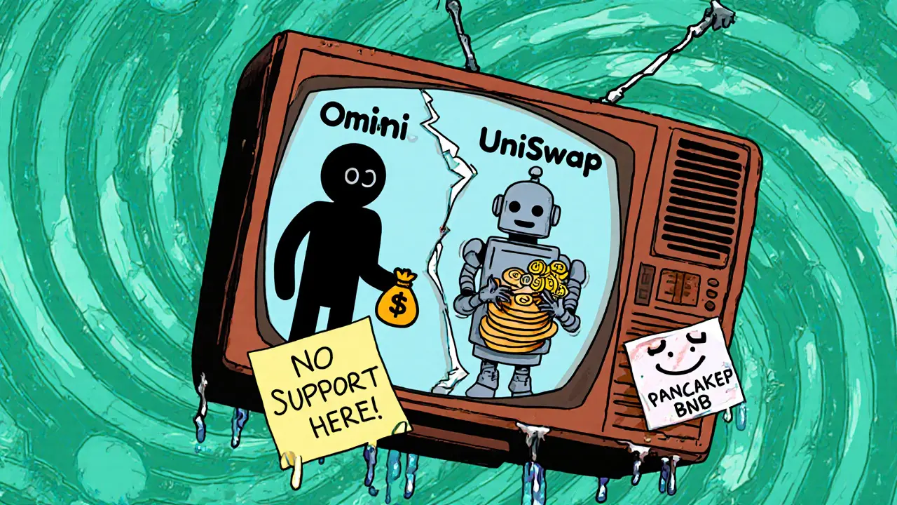 Personified DEXs compete in a surreal floating table: Omni is faceless, Uniswap is a robot, PancakeSwap is a chef, all in Adult Swim style.
