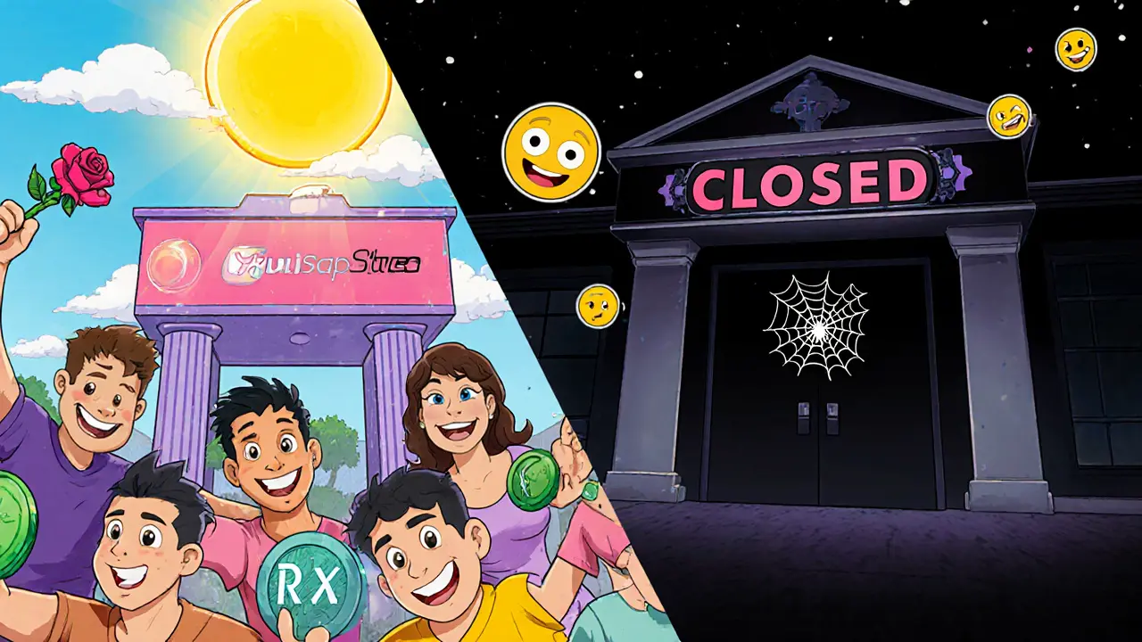 Split-screen: thriving YuzuSwap vs. abandoned Oasis Exchange building