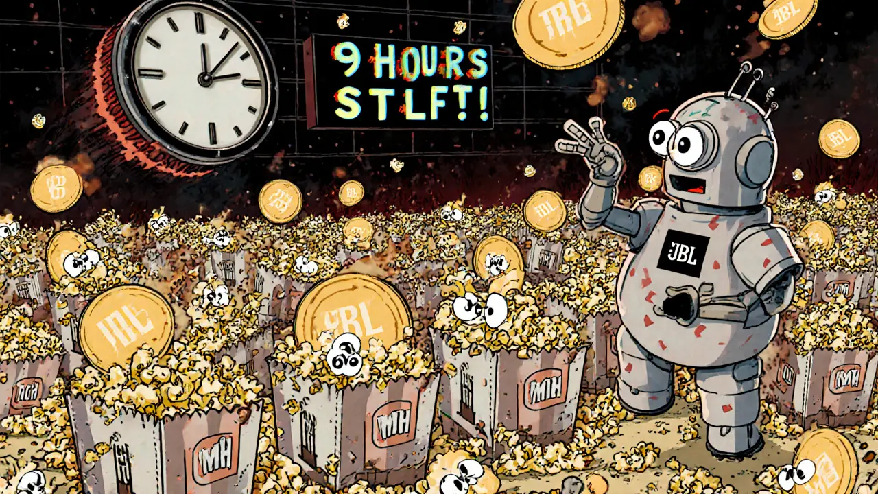 Thousands of exploding Moonchain hardware boxes release tokens, with a frantic robot and a countdown clock in a chaotic warehouse.