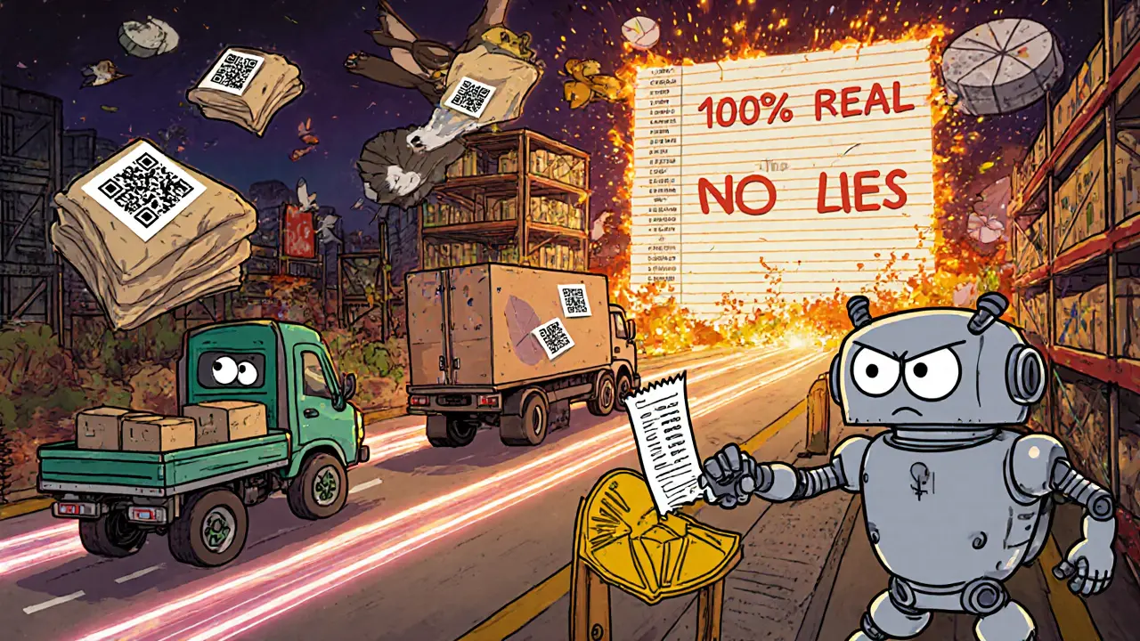 A chaotic warehouse with flying blankets and GPS trucks on a glowing blockchain highway.