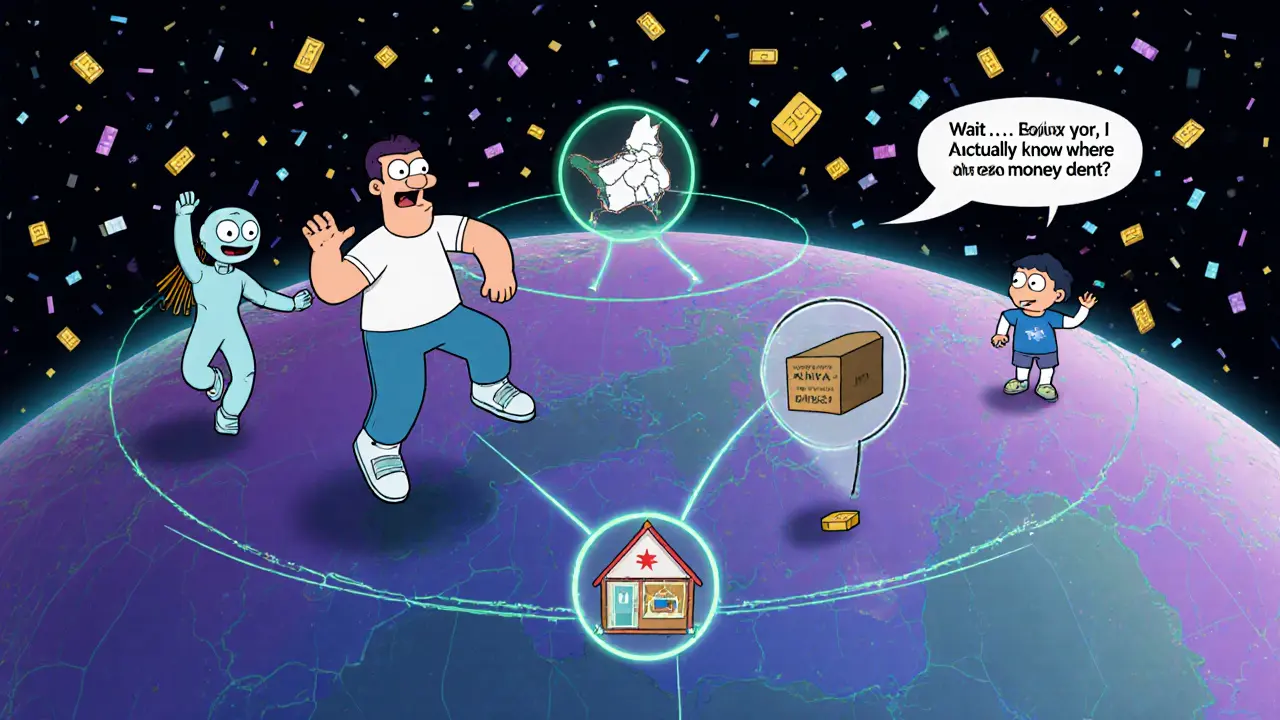 A digital dashboard shows global donation flows with AI avatars celebrating impact.