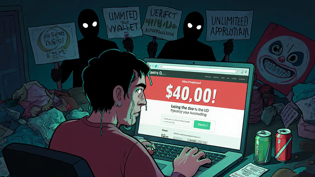 A gamer reaches for a fake airdrop site while shadowy scammers loom behind, real website barely visible.