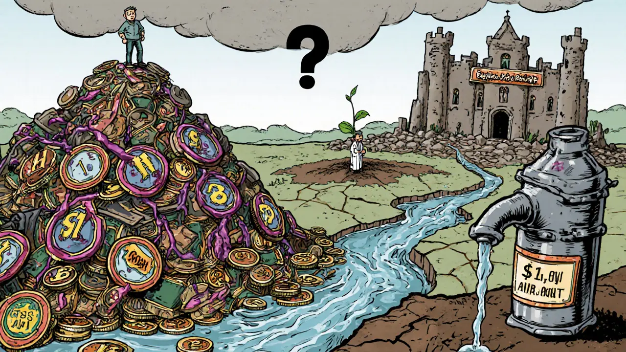 A lone player stands on a pile of used NFT heroes, watching CGC coins flow into a decentralized exchange.