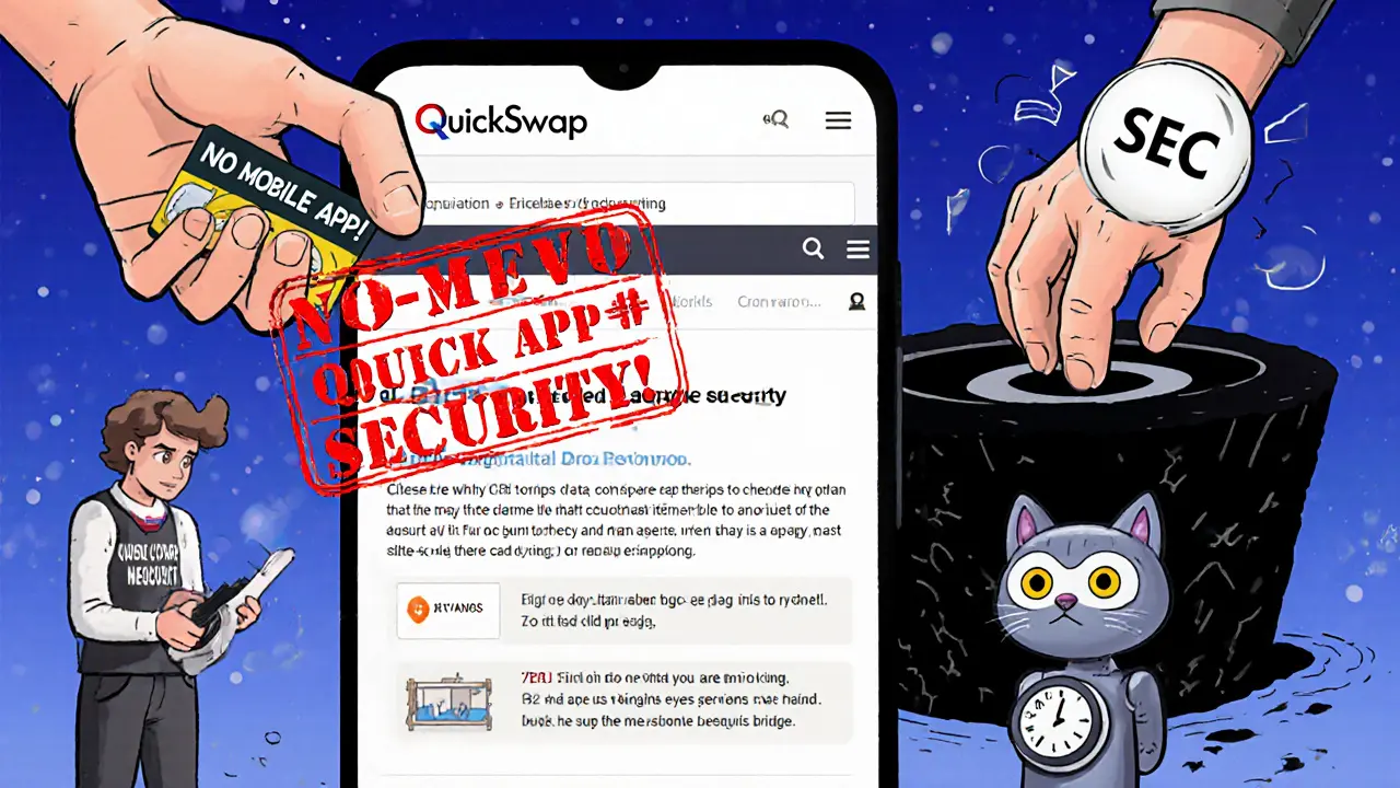 A phone shows QuickSwap&#039;s no-app warning while SEC stamps tokens and a credit card vanishes into a black hole.