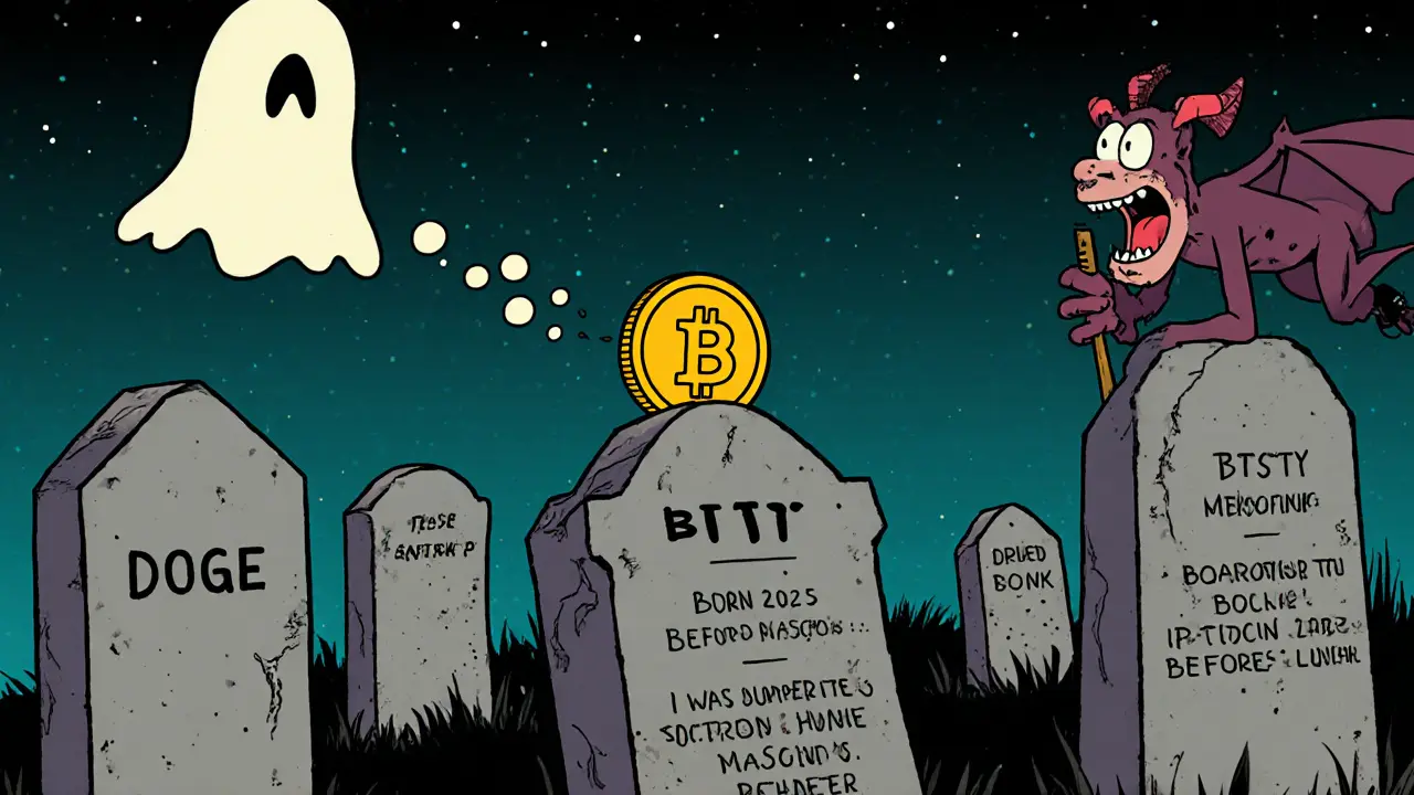 Graveyard of dead meme coins with a tiny tombstone for BITTY, a ghostly token whispering as a devil flips a &#039;NO ROADMAP&#039; sign.