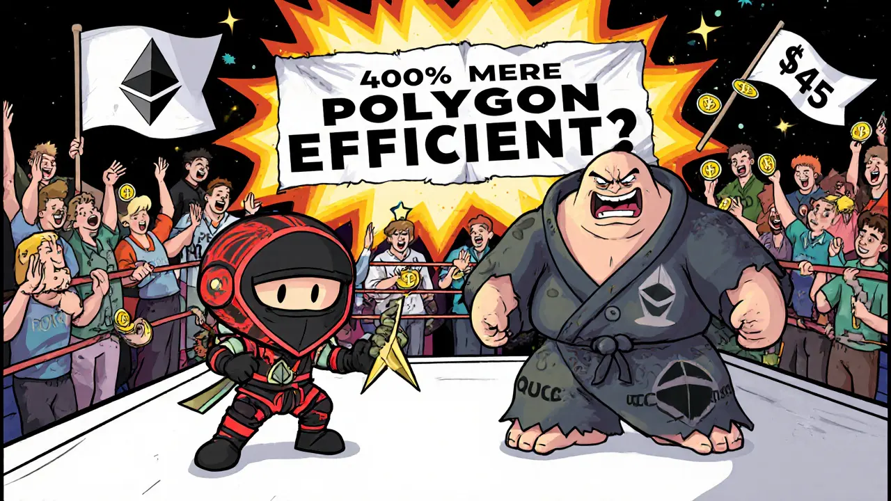 QuickSwap ninja battles Uniswap giant in a blockchain wrestling ring with gas fee banners flying.