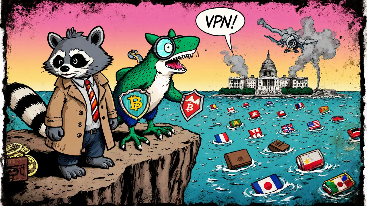 Three VPN mascots standing on a cliff overlooking digital crypto wallets, with a failed surveillance drone in the distance.