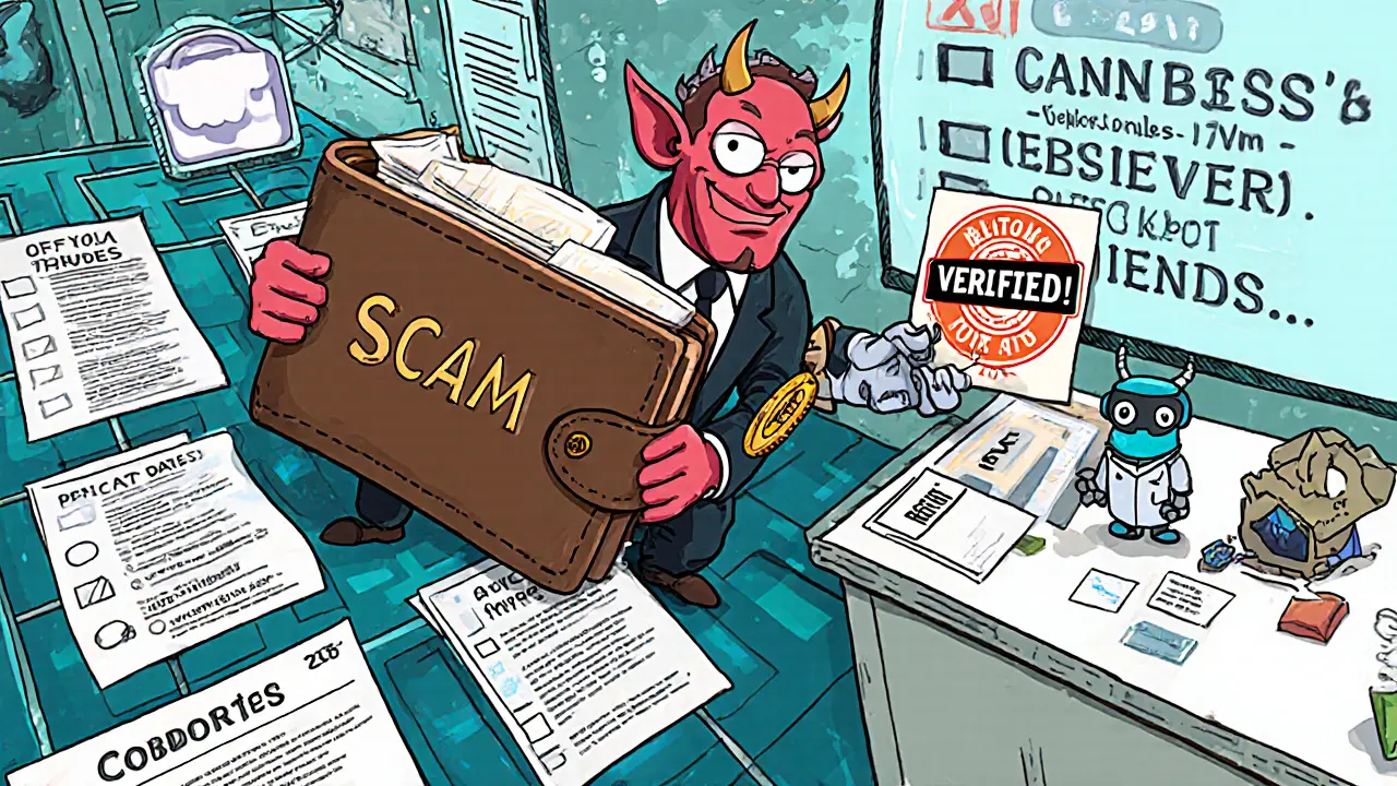 A cartoon wallet being pulled by a scam demon through social media chaos, while verified airdrop rules are shown calmly on a lab bench.