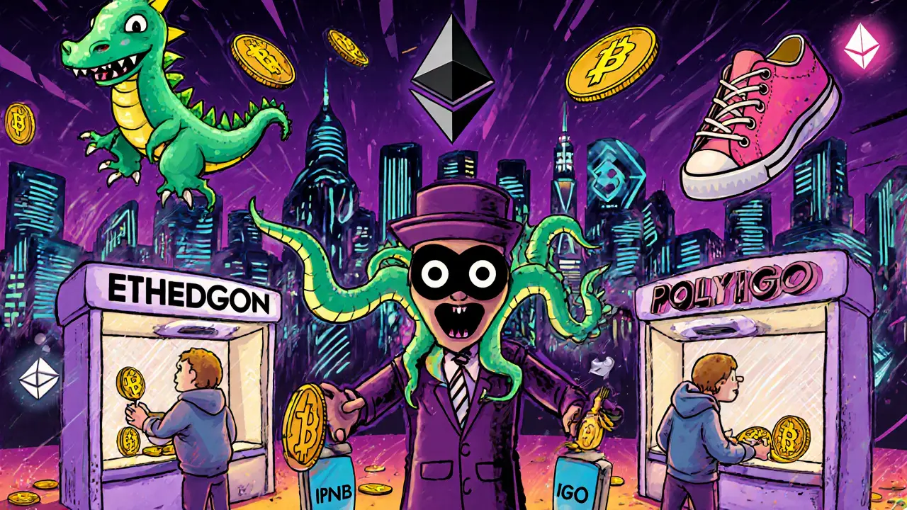 A chaotic NFT marketplace run by a tentacled auctioneer, with users staking SPO tokens at glowing kiosks under a city of blockchain logos.